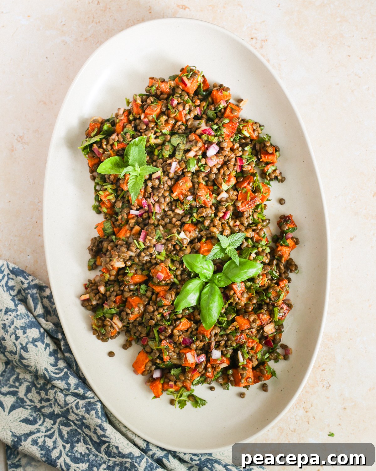 Lentil salad on platter.