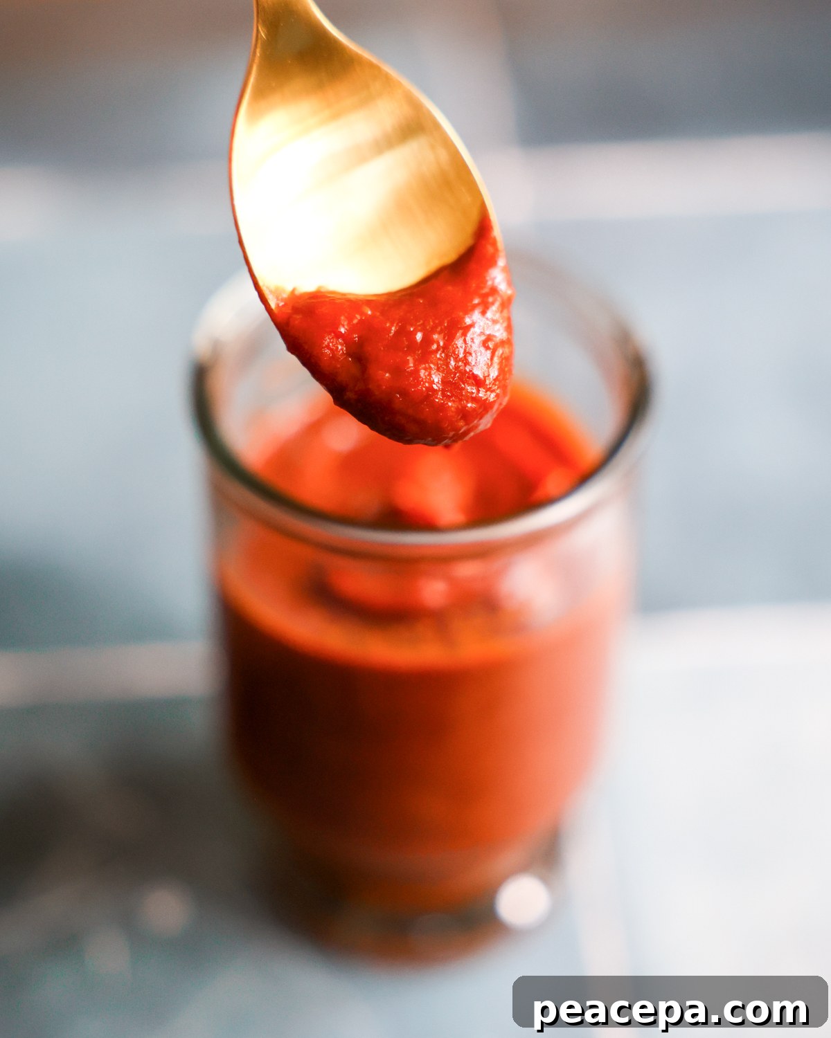 A close-up shot of a spoonful of the vegan BBQ sauce.