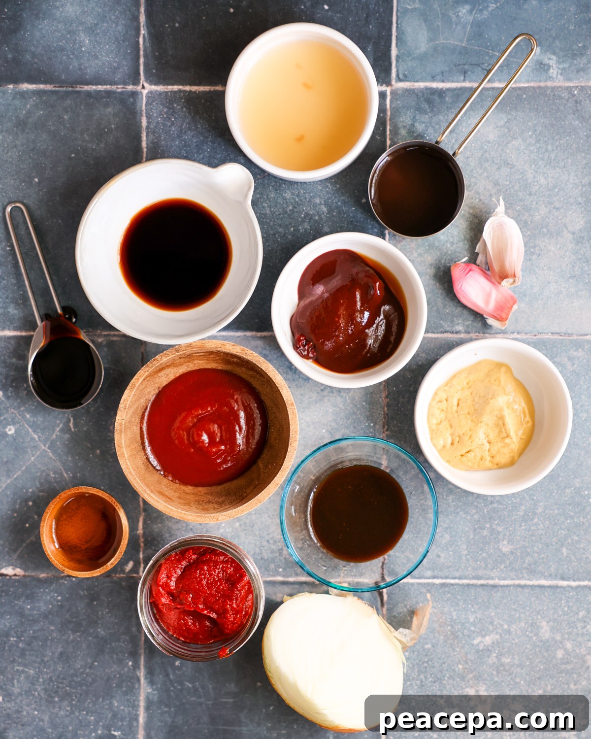 An overhead shot of all the ingredients needed to make vegan BBQ sauce.