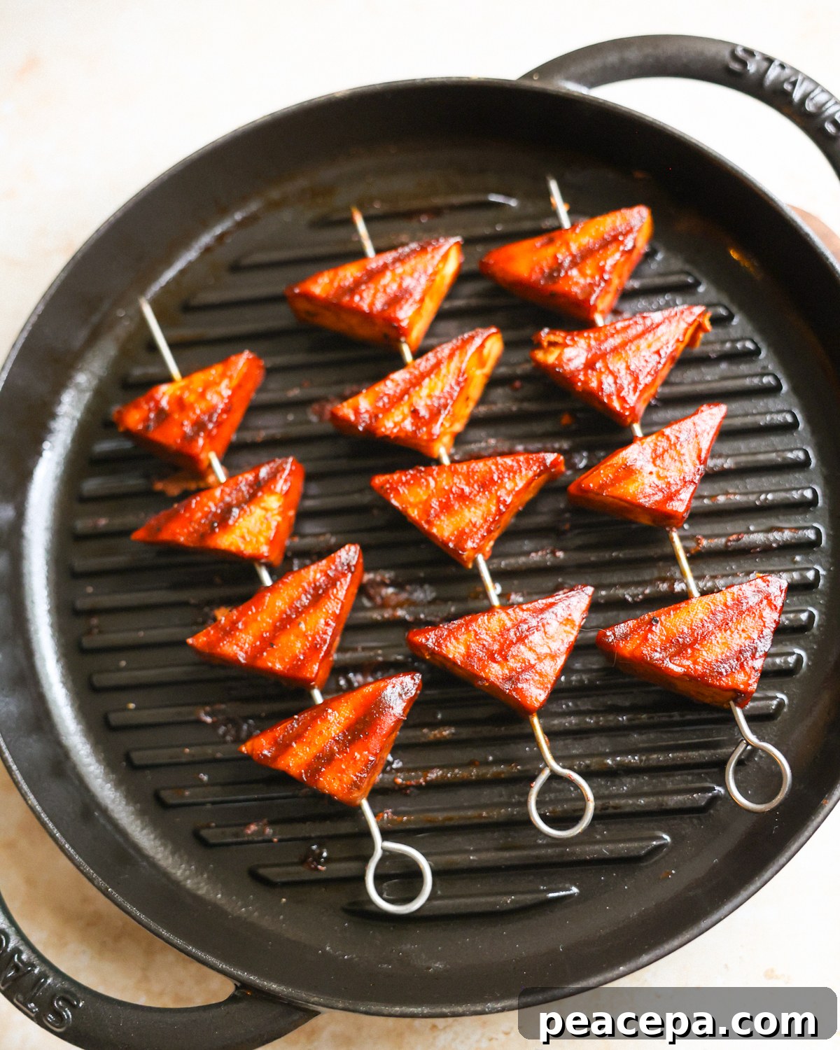 overhead of grilled tofu on pan