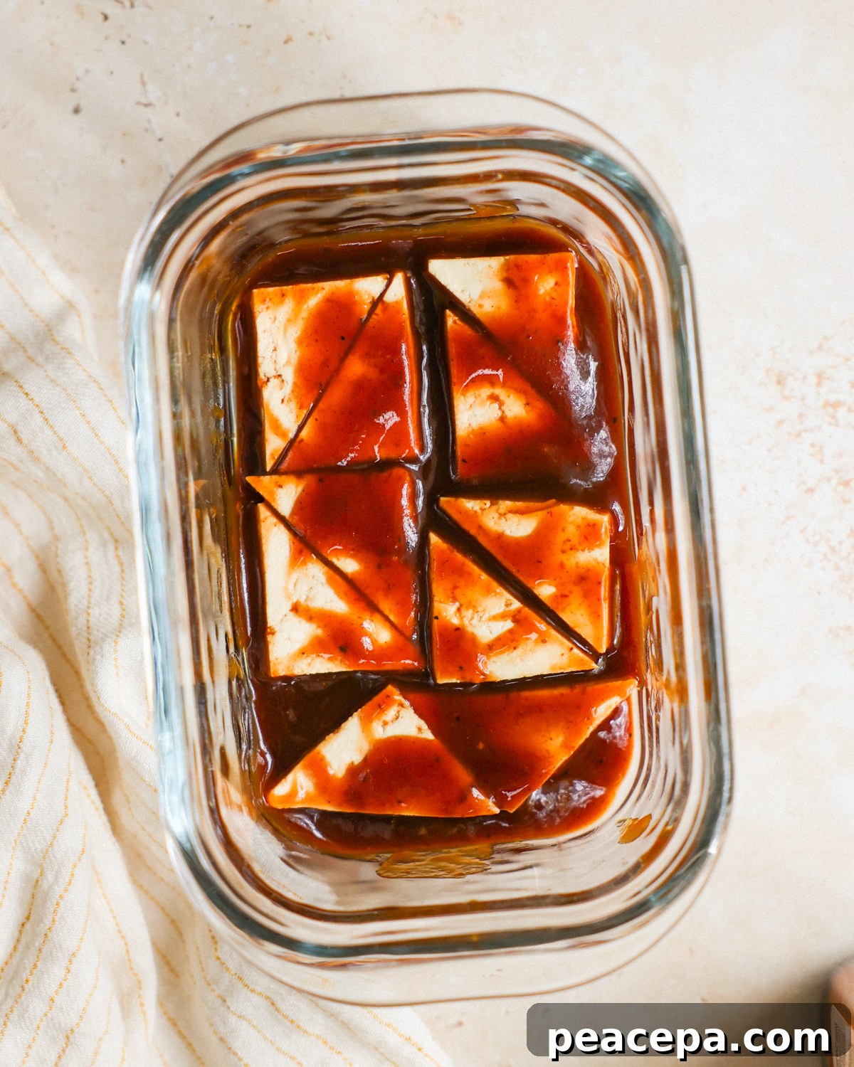 overhead tofu in bbq sauce
