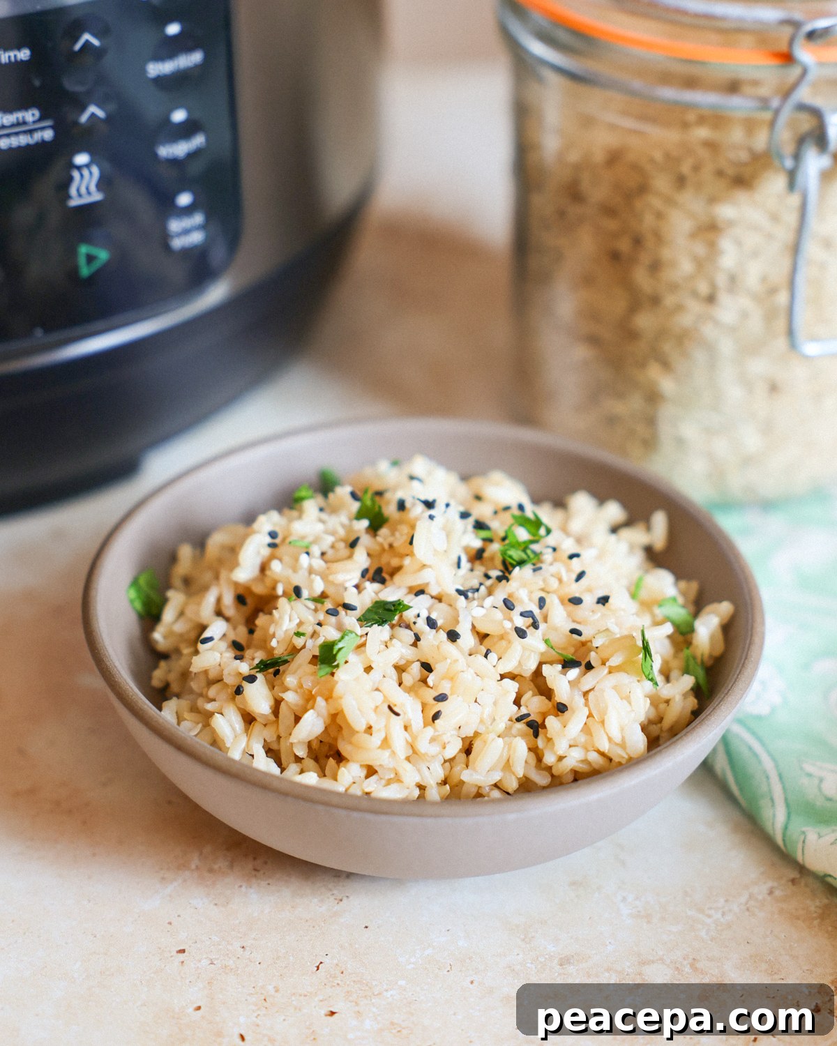 brown rice in a bowl on counter