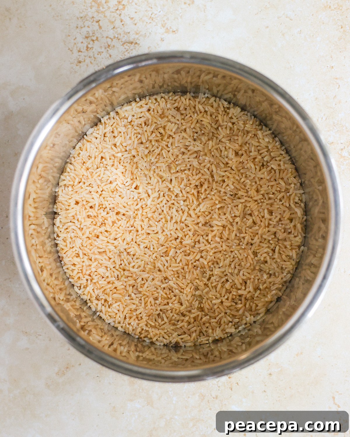 overhead of pressure cooked rice in pot