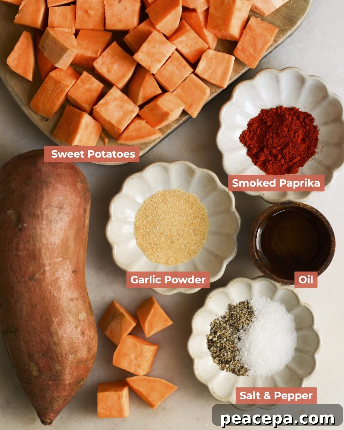 Labeled ingredients for roasted sweet potatoes.