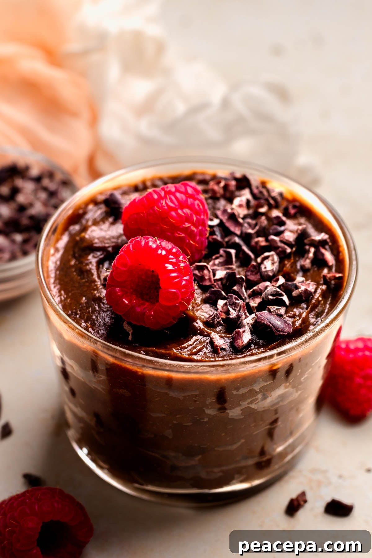 An up-close angled shot of a glass dish of vegan chocolate mousse on the counter with carob chips and raspberries.