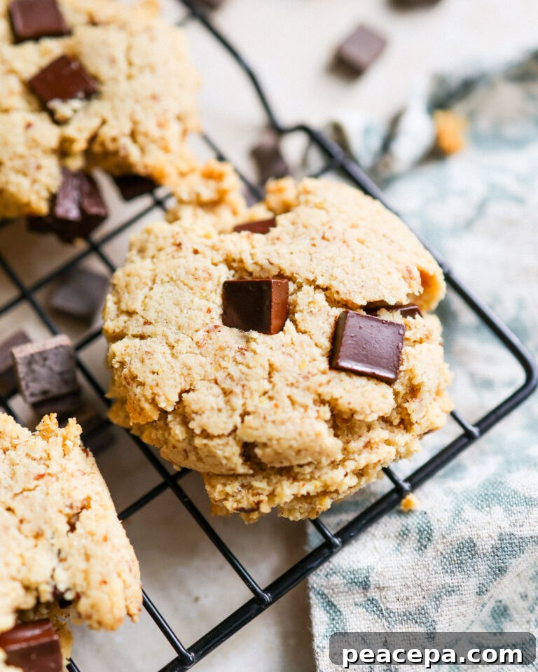 Almond Flour Chocolate Chip Cookies on a cooling rack.