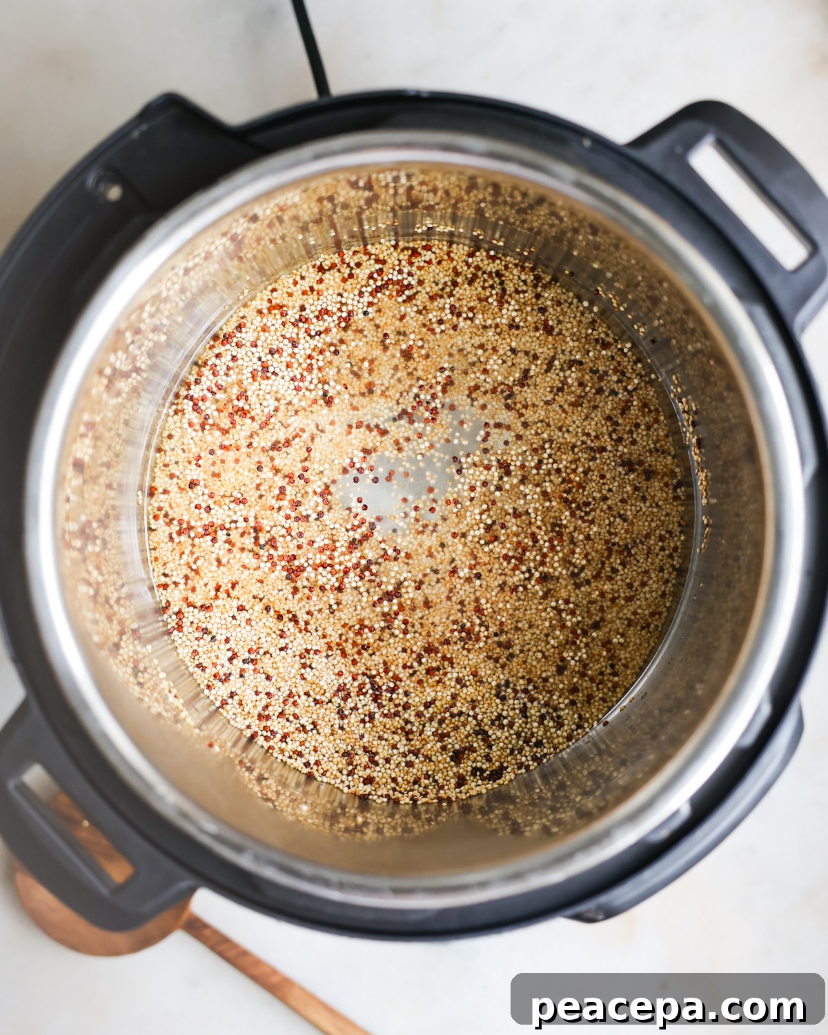 overhead water and quinoa in pot