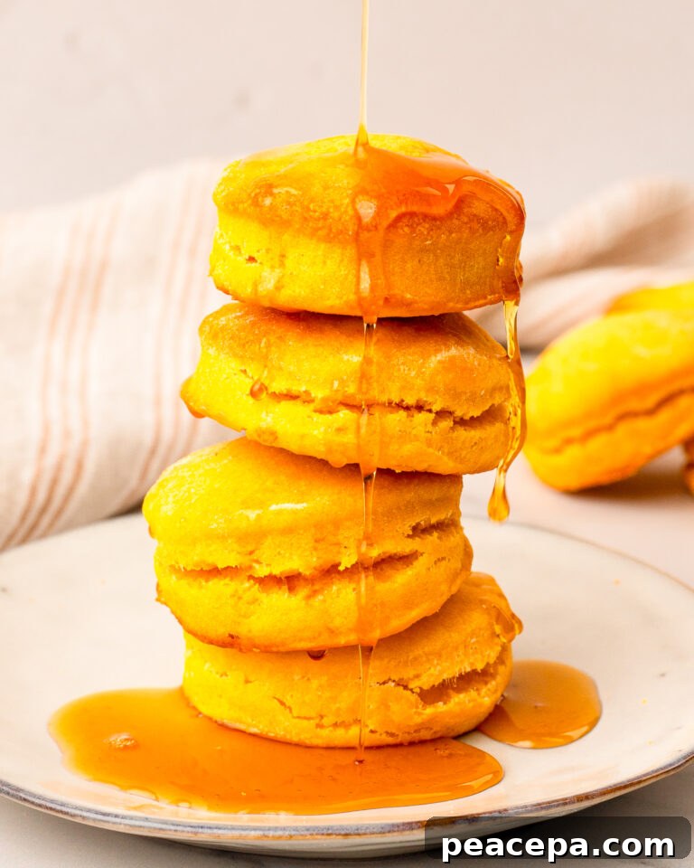 Stack of four Sweet Potato Biscuits on a plate drizzled with honey.