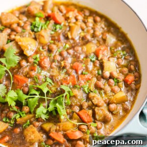 A close-up shot of a large pot of Jamaican chickpea curry.