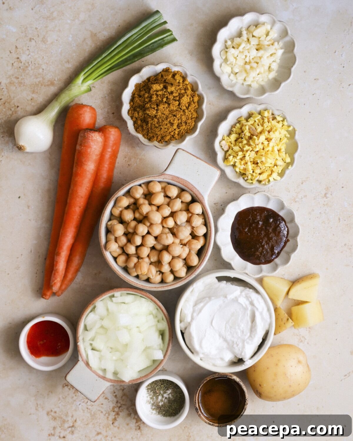 All the ingredients needed to make Jamaican chickpea curry.