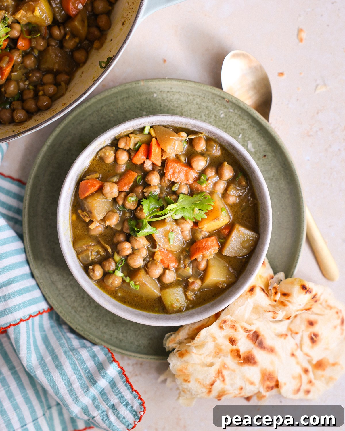 An overhead shot of a bowl of Jamaican chickpea curry on the counter next to the pot and pieces of roti.