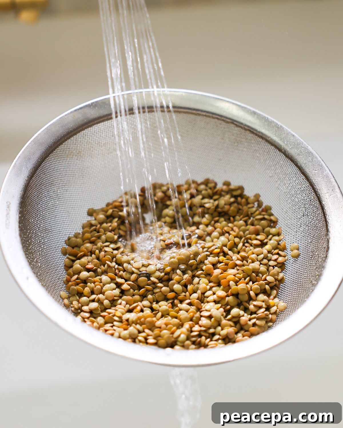 Rinsing lentils in a mesh strainer. 