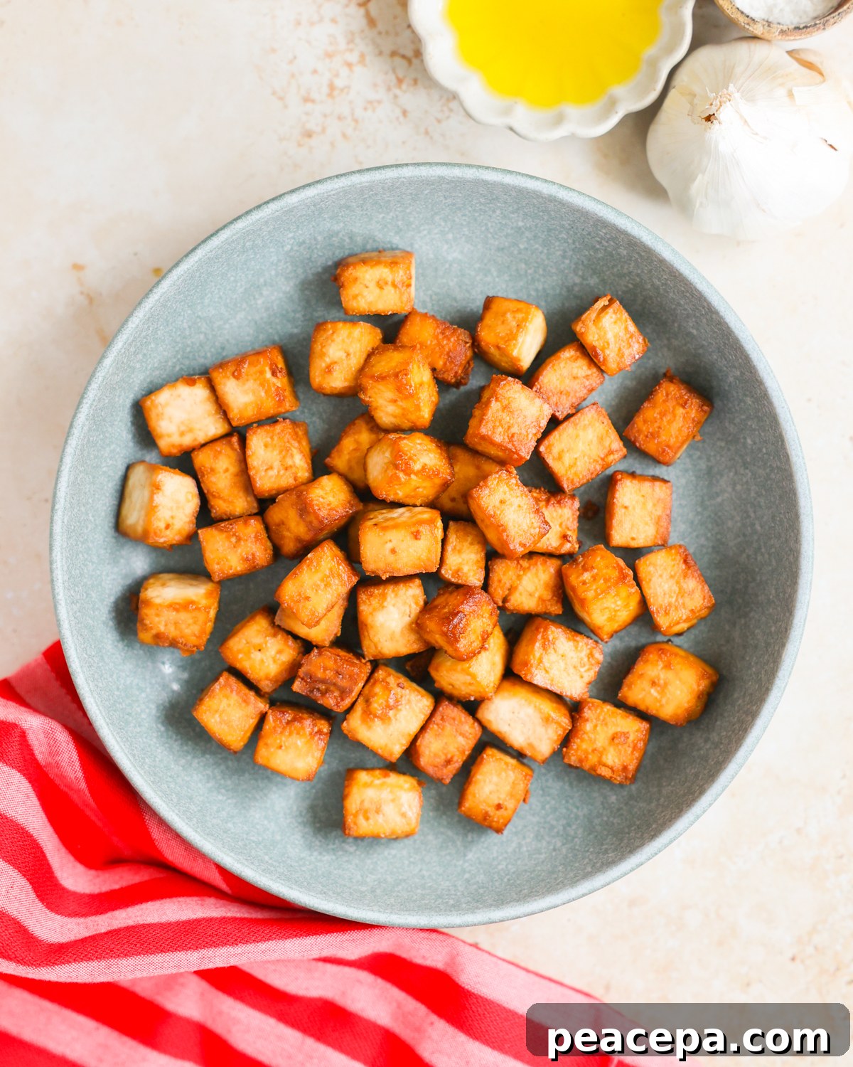 overhead air fried tofu on plate