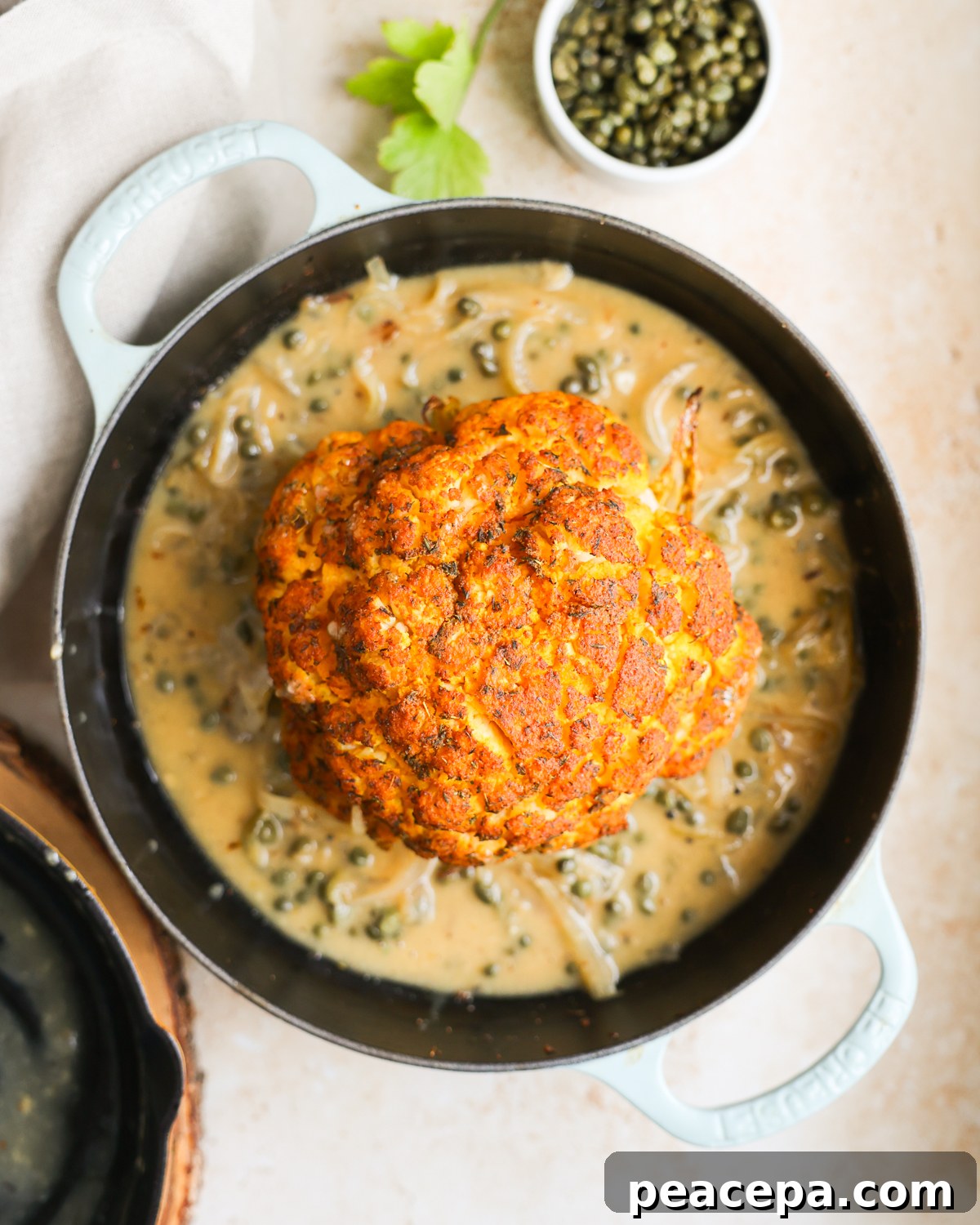overhead roasted cauliflower in piccata sauce