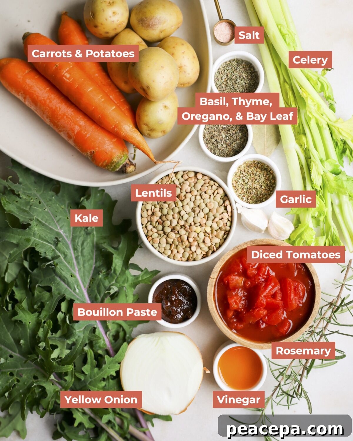 labeled ingredients for lentil soup