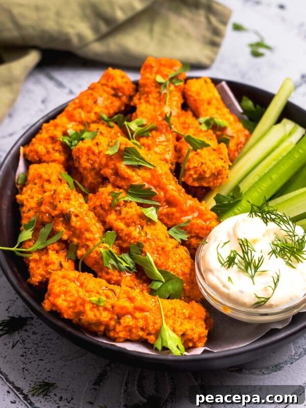 side view of vegan buffalo wings on a plate with celery and dairy-free ranch dip
