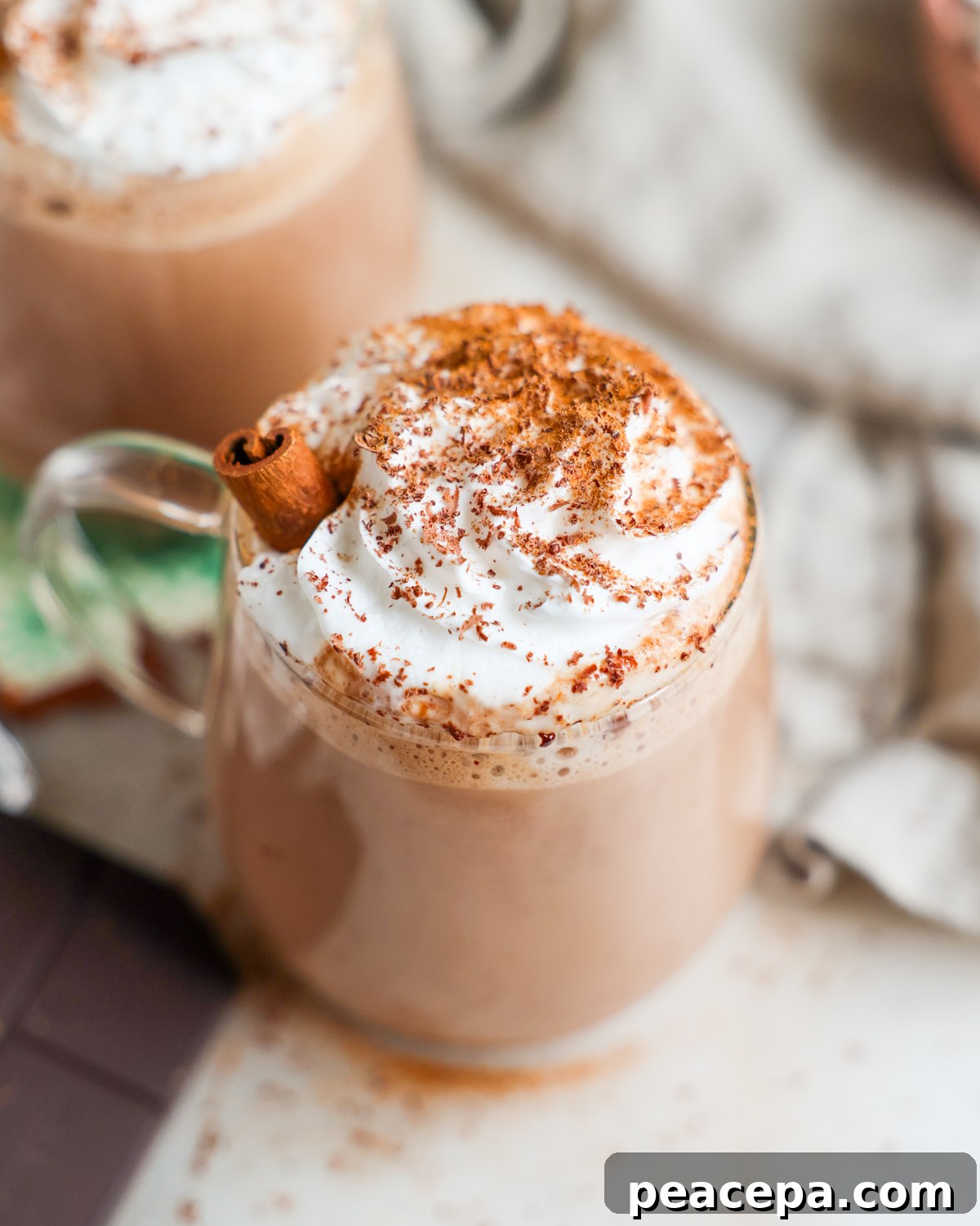 overhead vegan hot chocolate in clear mug