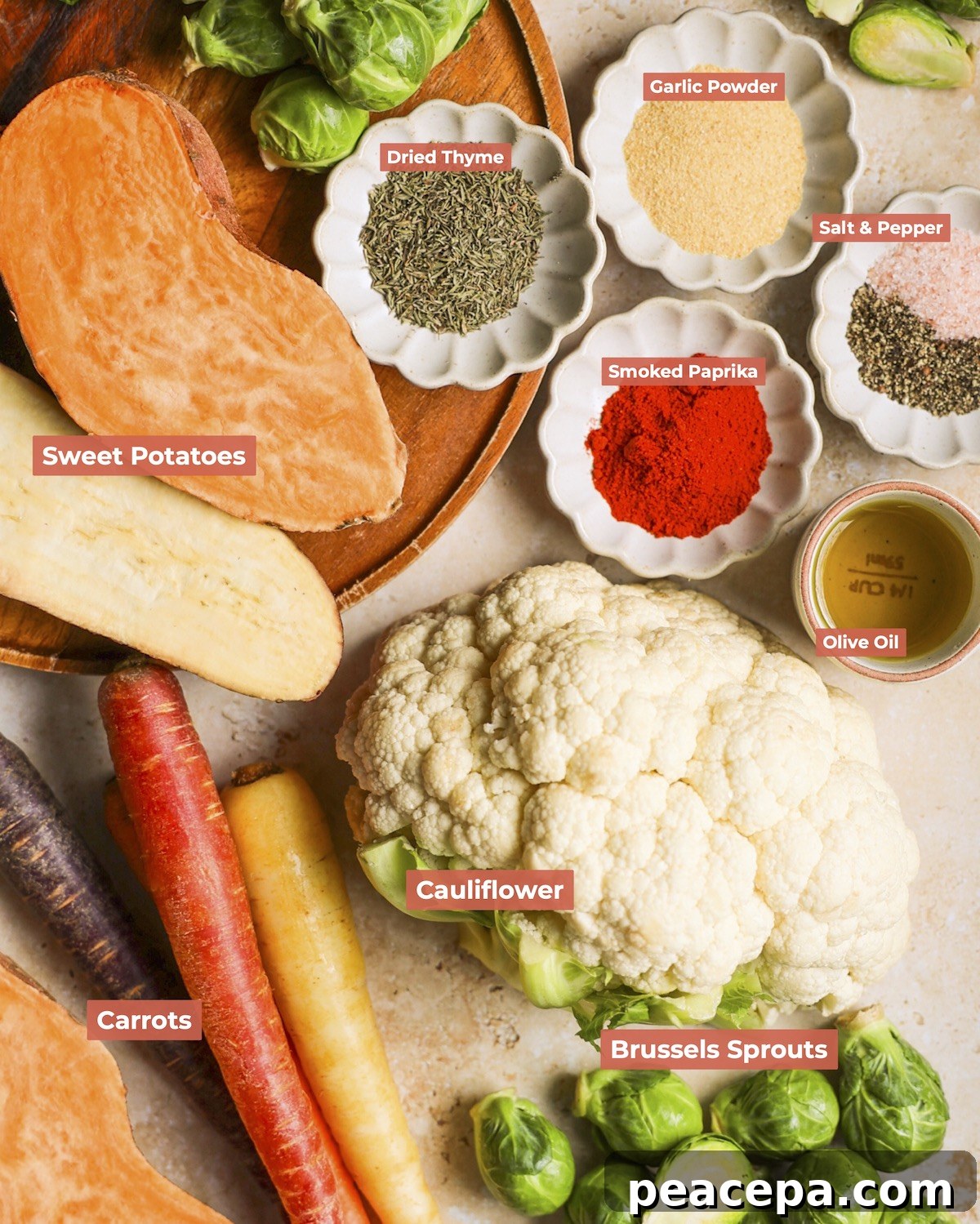 Labeled roasted vegetable ingredients.