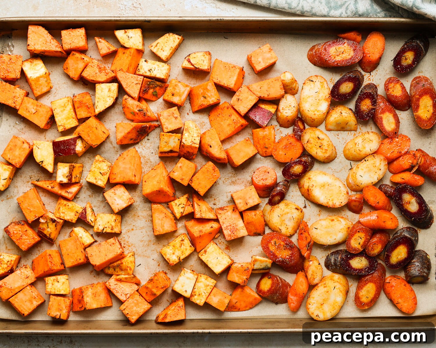 Root vegetables on a baking sheet.