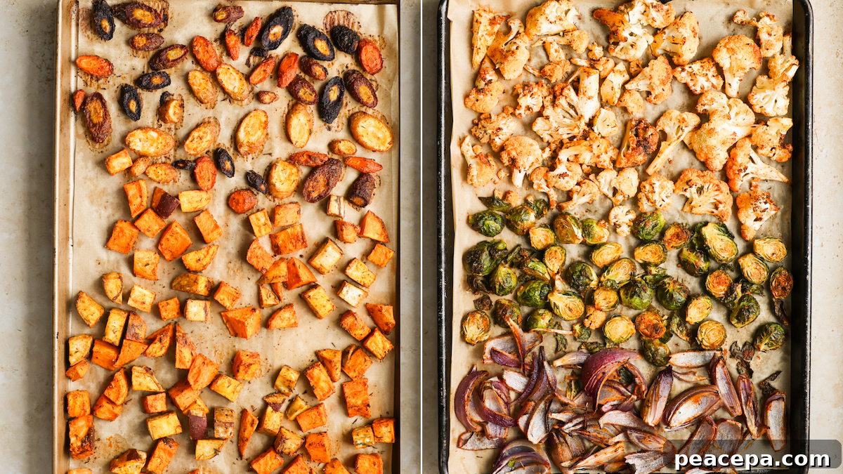 Roasted veggies on baking sheets.