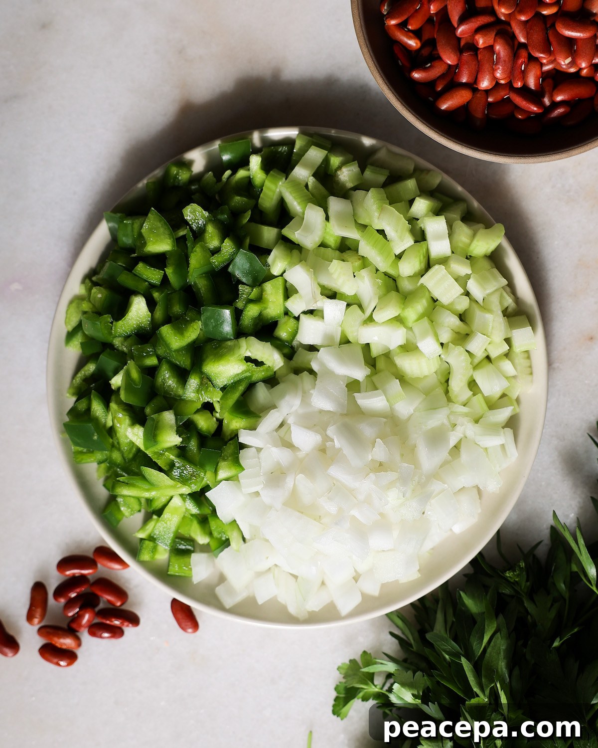 onions, celery, and green pepper on a plate