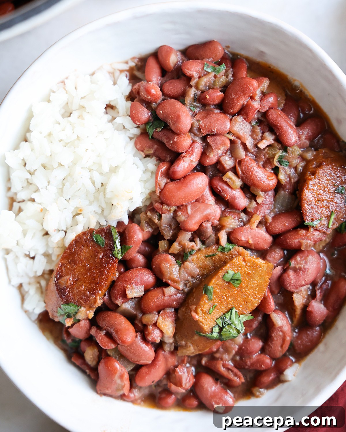 red beans and rice in a white bowl