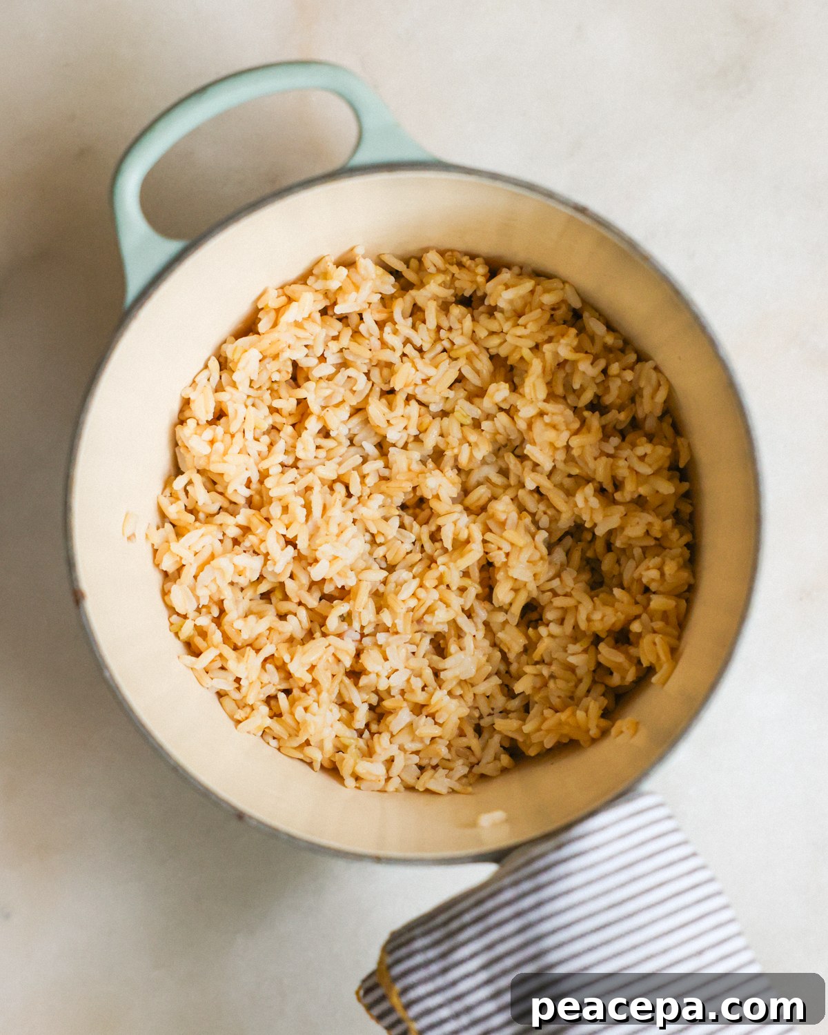overhead cooked brown rice in pot