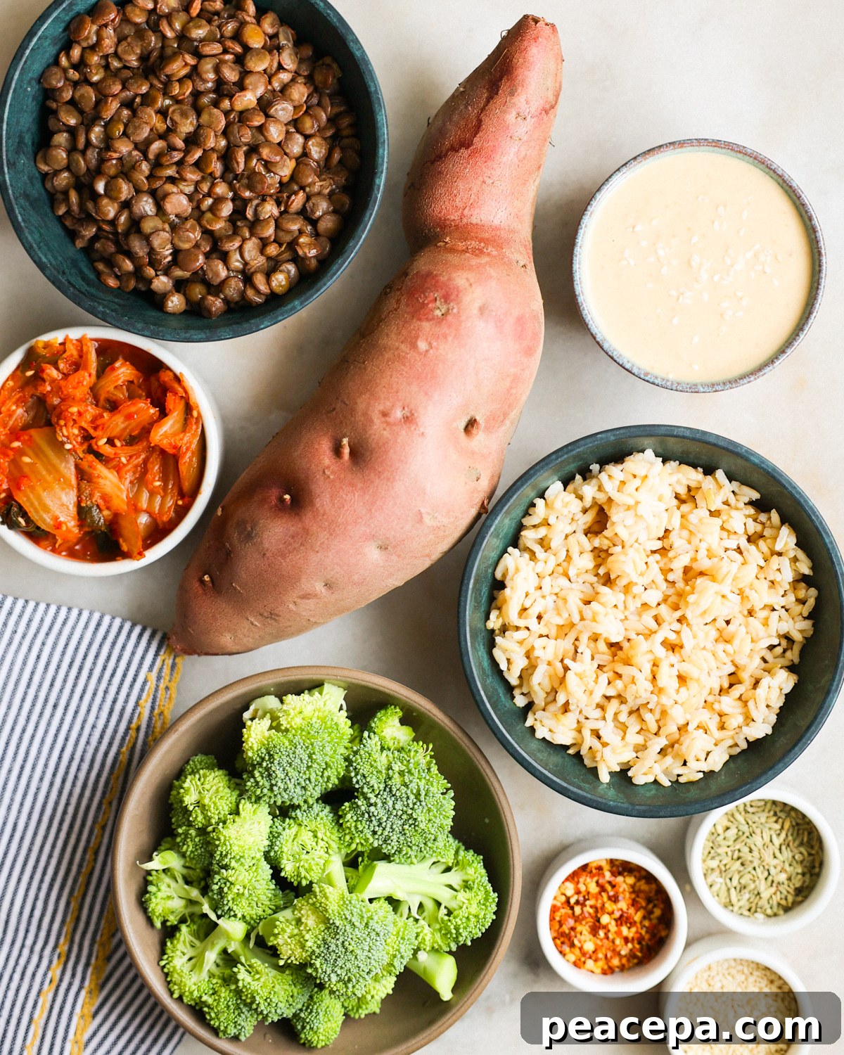 overhead buddha bowl ingredients in counter