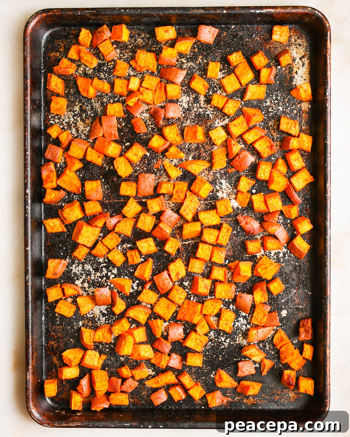 overhead of roasted sweet potatoes