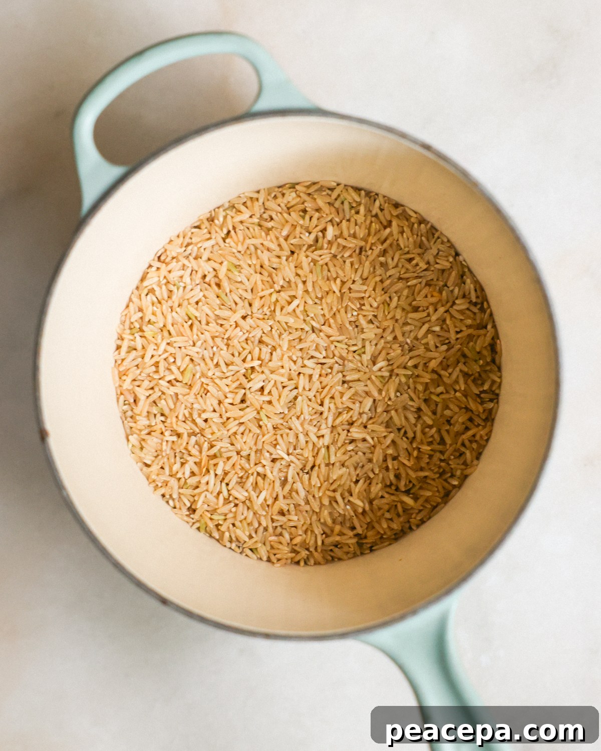 overhead raw brown rice in pot