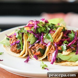 Colorful lentil tacos on a plate.