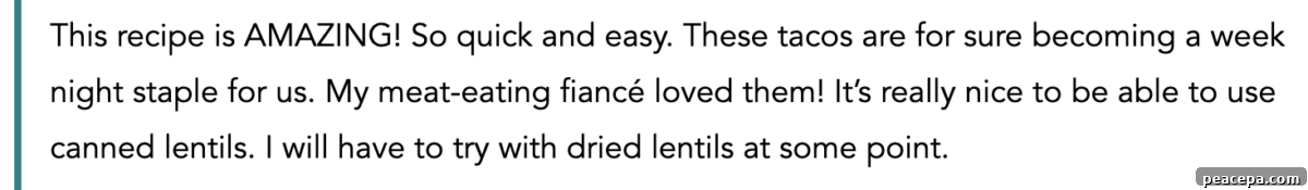Rating and review for lentil tacos. 