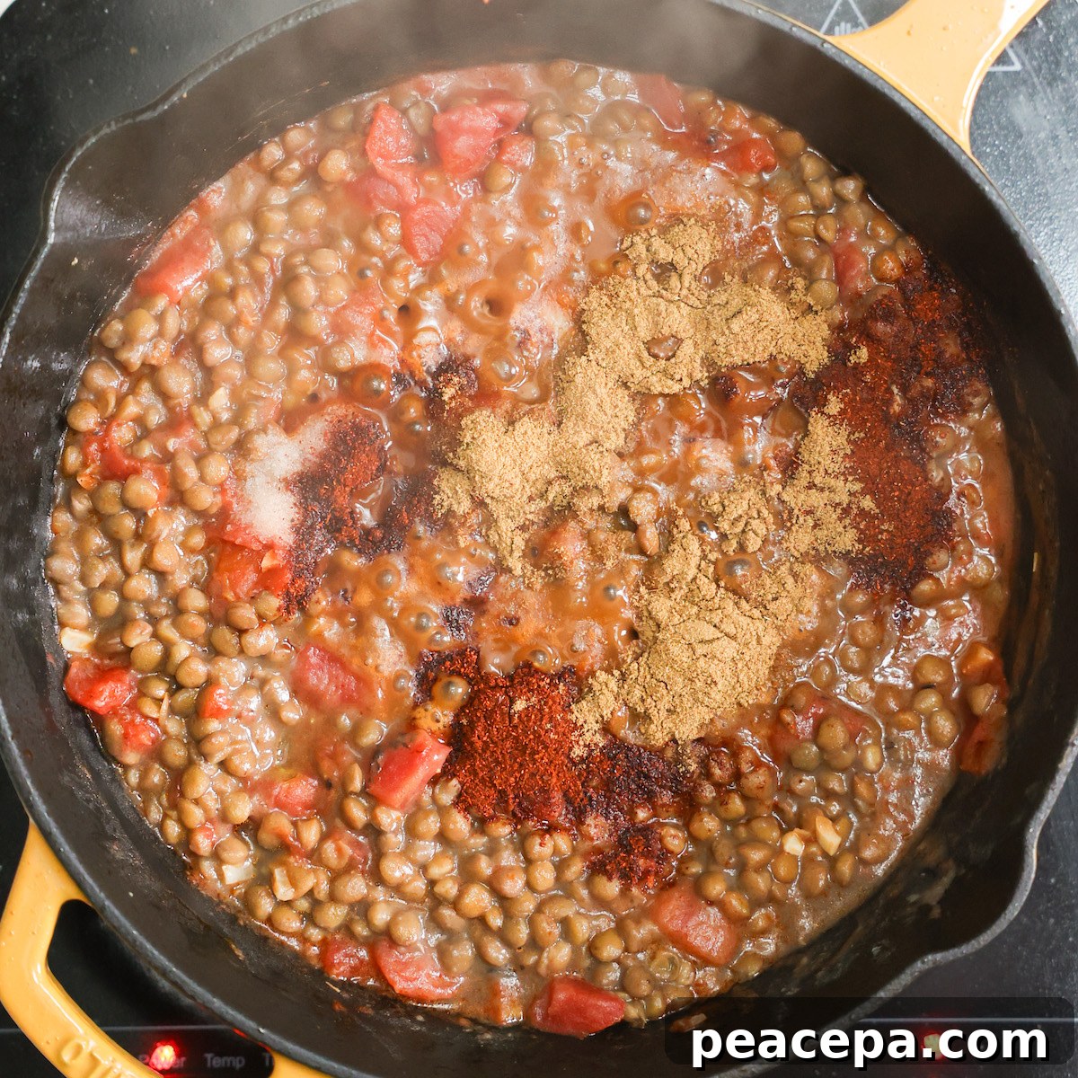 Lentil taco filling in skillet. 