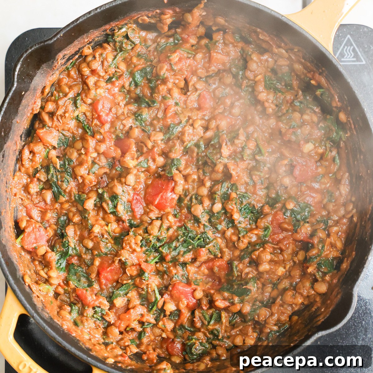 Lentil taco filling in a skillet.