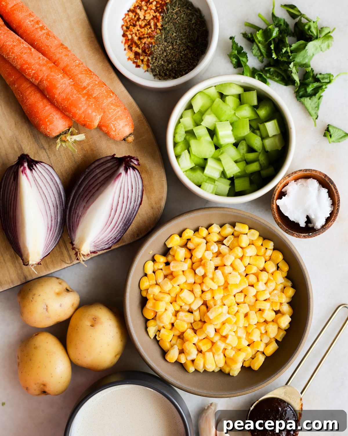 overhead of vegan chowder ingredients