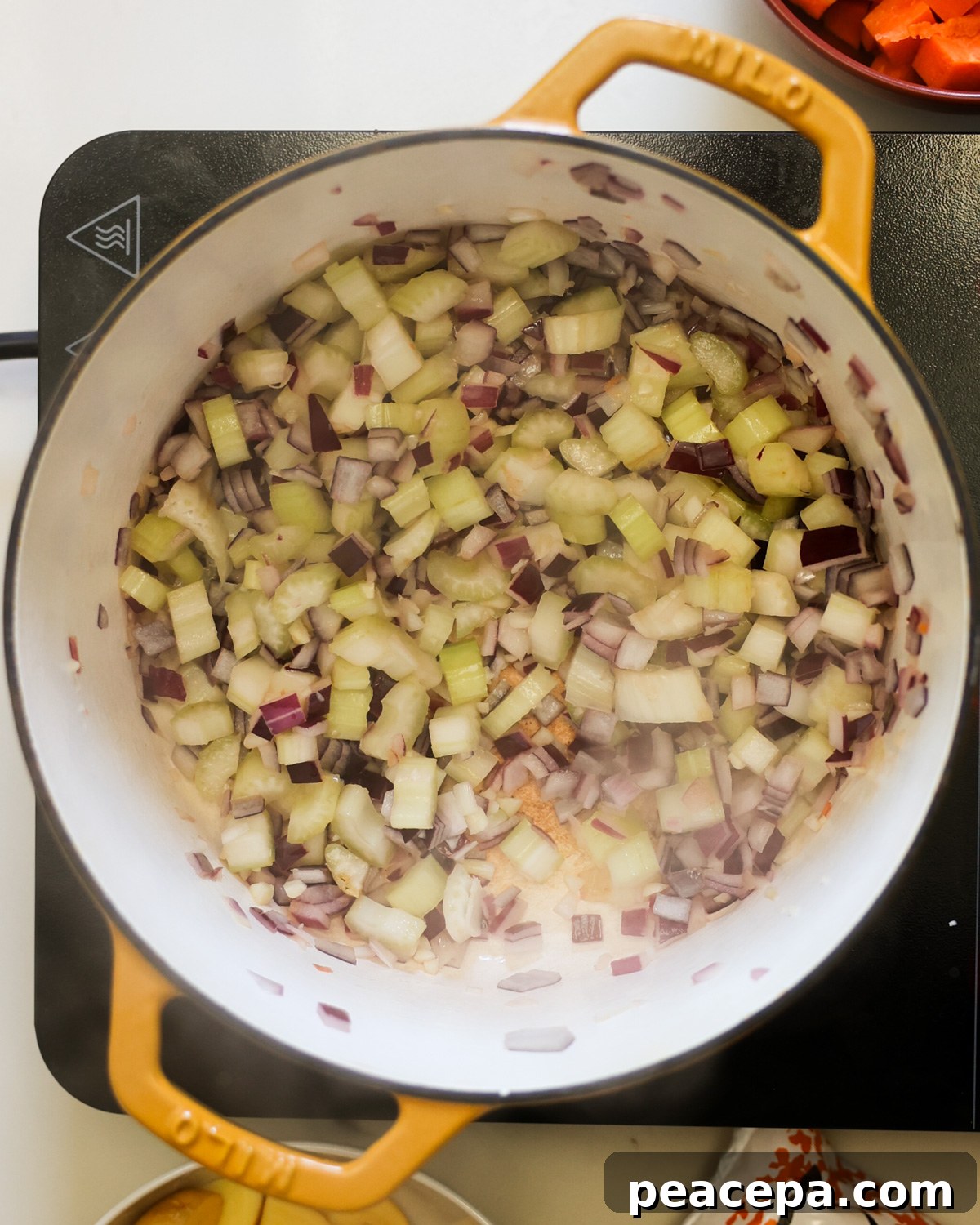 overhead aromatics sautéing in pot
