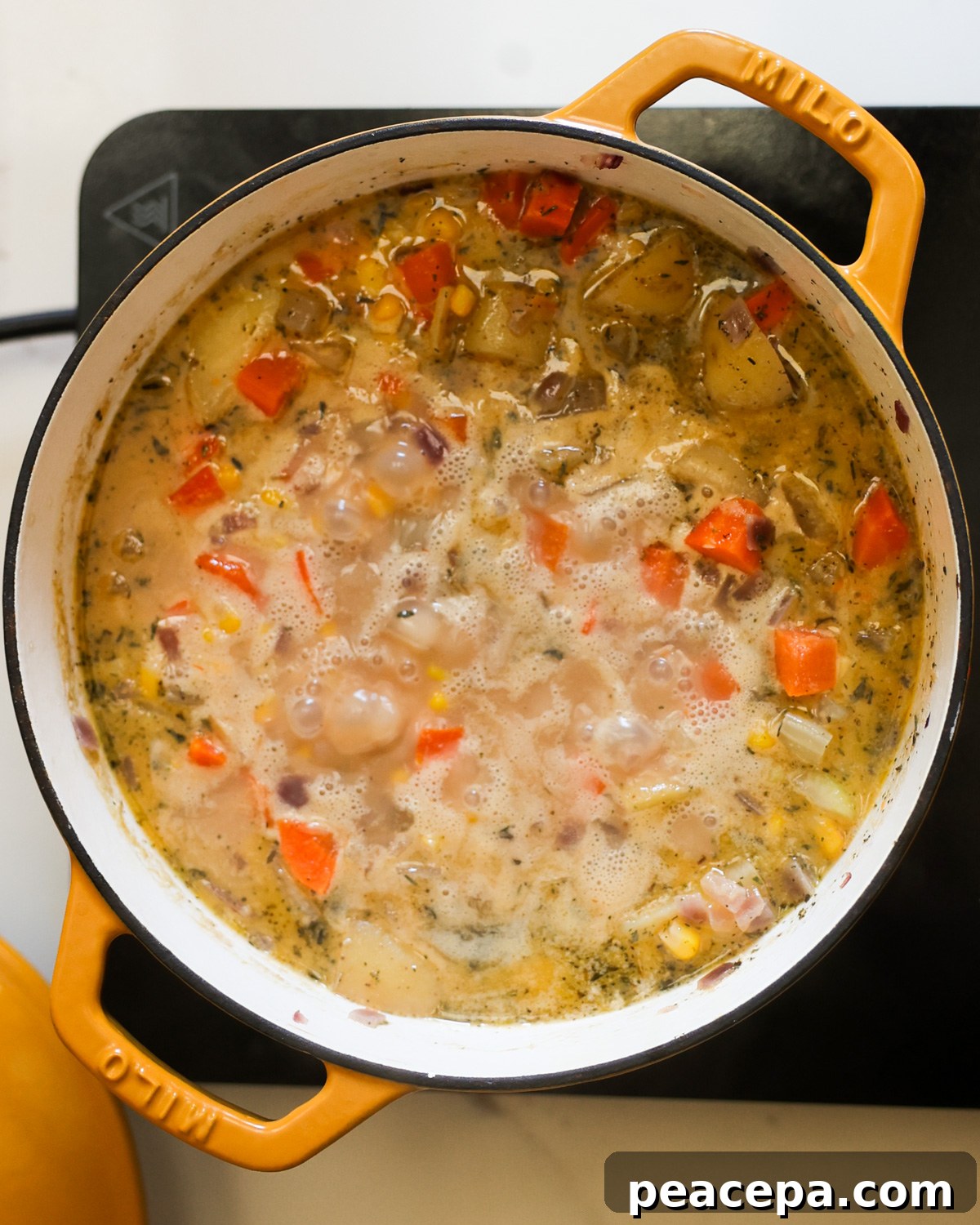 overhead simmering corn chowder