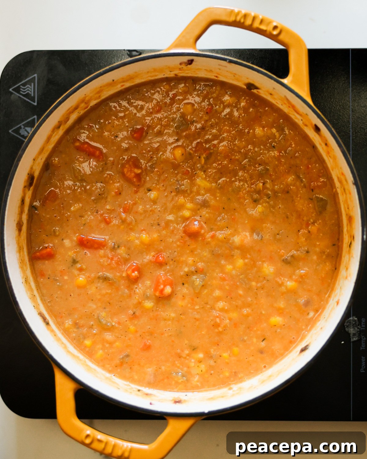 overhead of corn chowder in pot