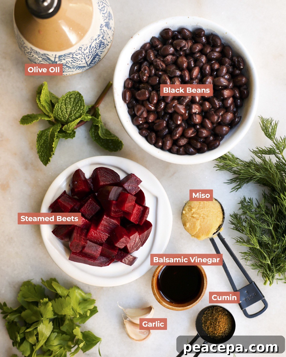 Labeled ingredients for black bean beet dip.