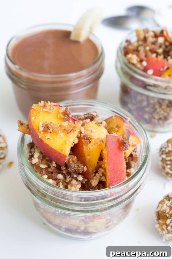 Raw Carrot Cake Truffles, Raw Peach Crumble, Banana Chocolate Smoothie