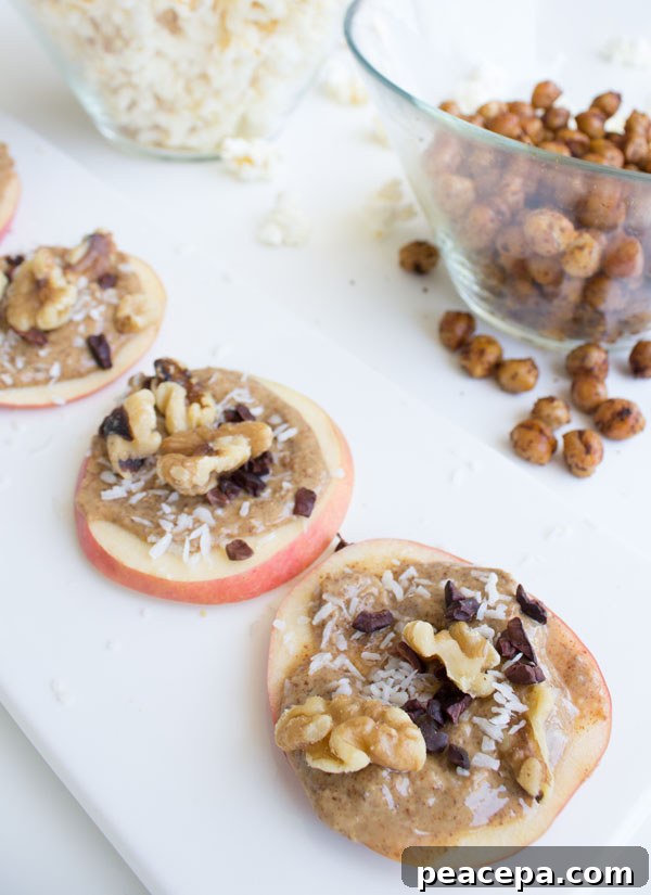 Spicy Roasted Chickpeas, Cheesy Vegan Popcorn, Apple "Cupcakes" with Almond Butter