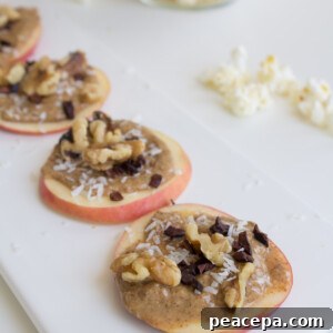 Spicy Roasted Chickpeas, Cheesy Vegan Popcorn, Apple "Cupcakes" with Almond Butter