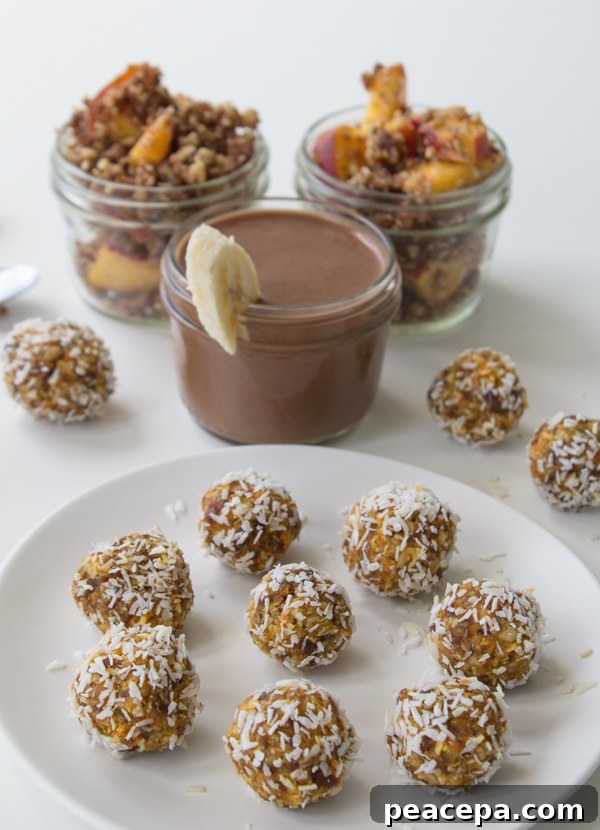 Raw Carrot Cake Truffles, Raw Peach Crumble, Banana Chocolate Smoothie