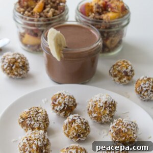 Raw Carrot Cake Truffles, Raw Peach Crumble, Banana Chocolate Smoothie
