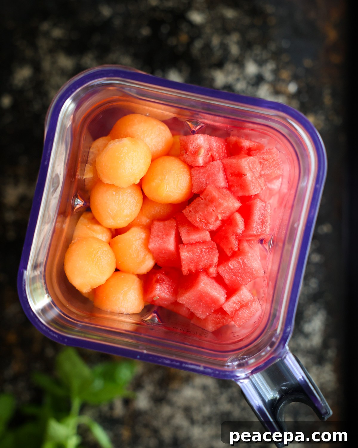 overhead of chopped melon in a blender
