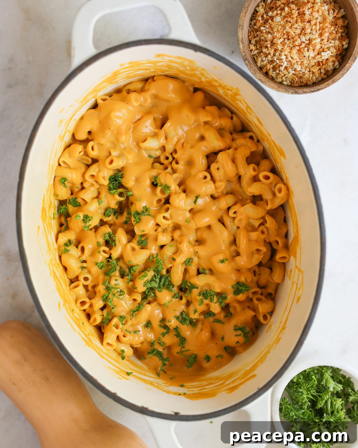 An overhead shot of a pan of the vegan butternut squash mac and cheese.