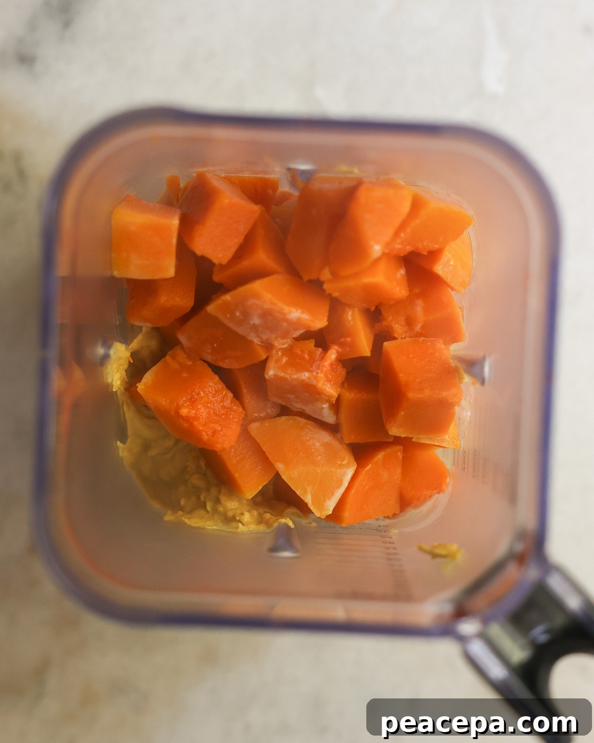 An overhead shot of a blender with butternut squash and the other sauce ingredients.
