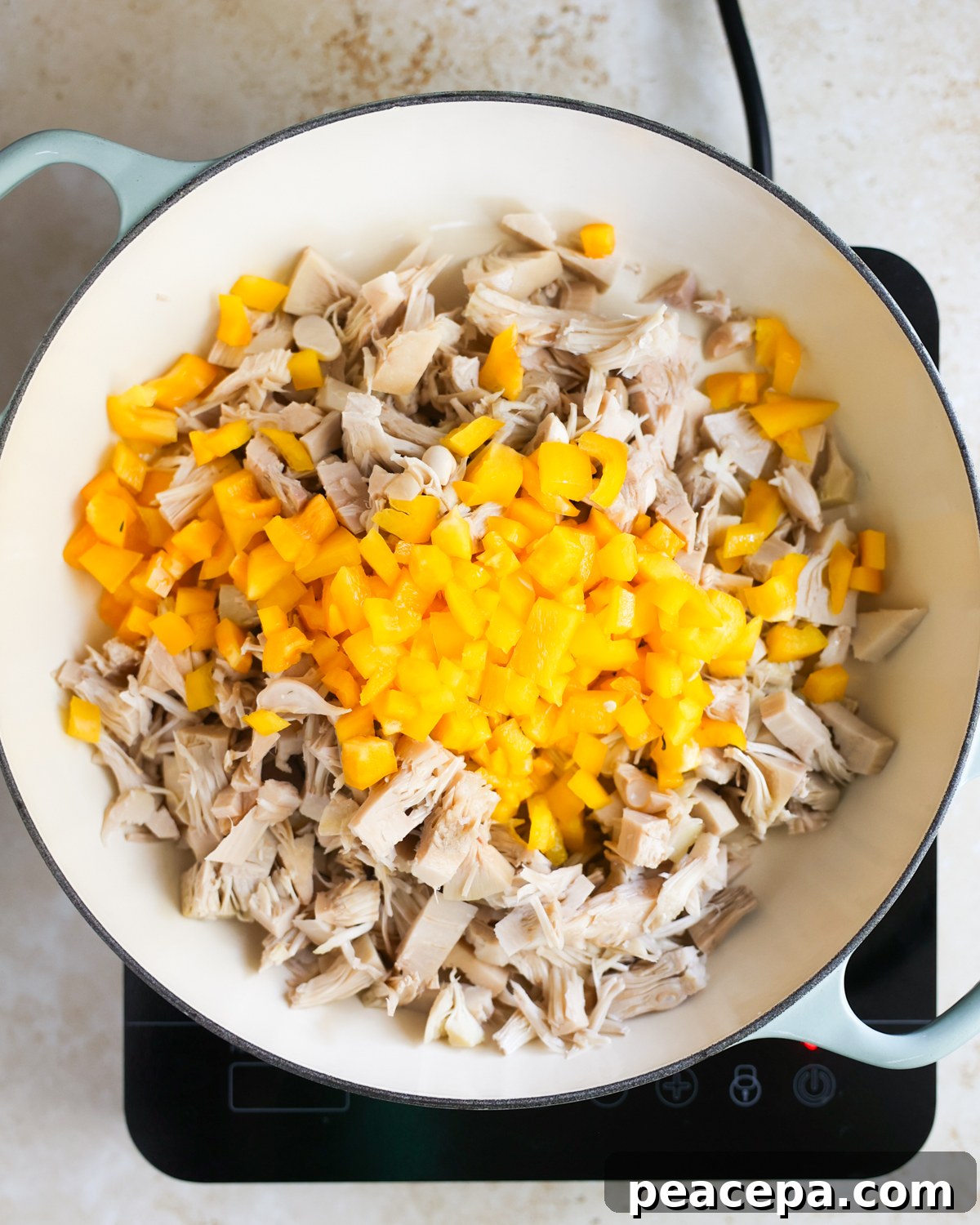 overhead jackfruit in skillet with peppers