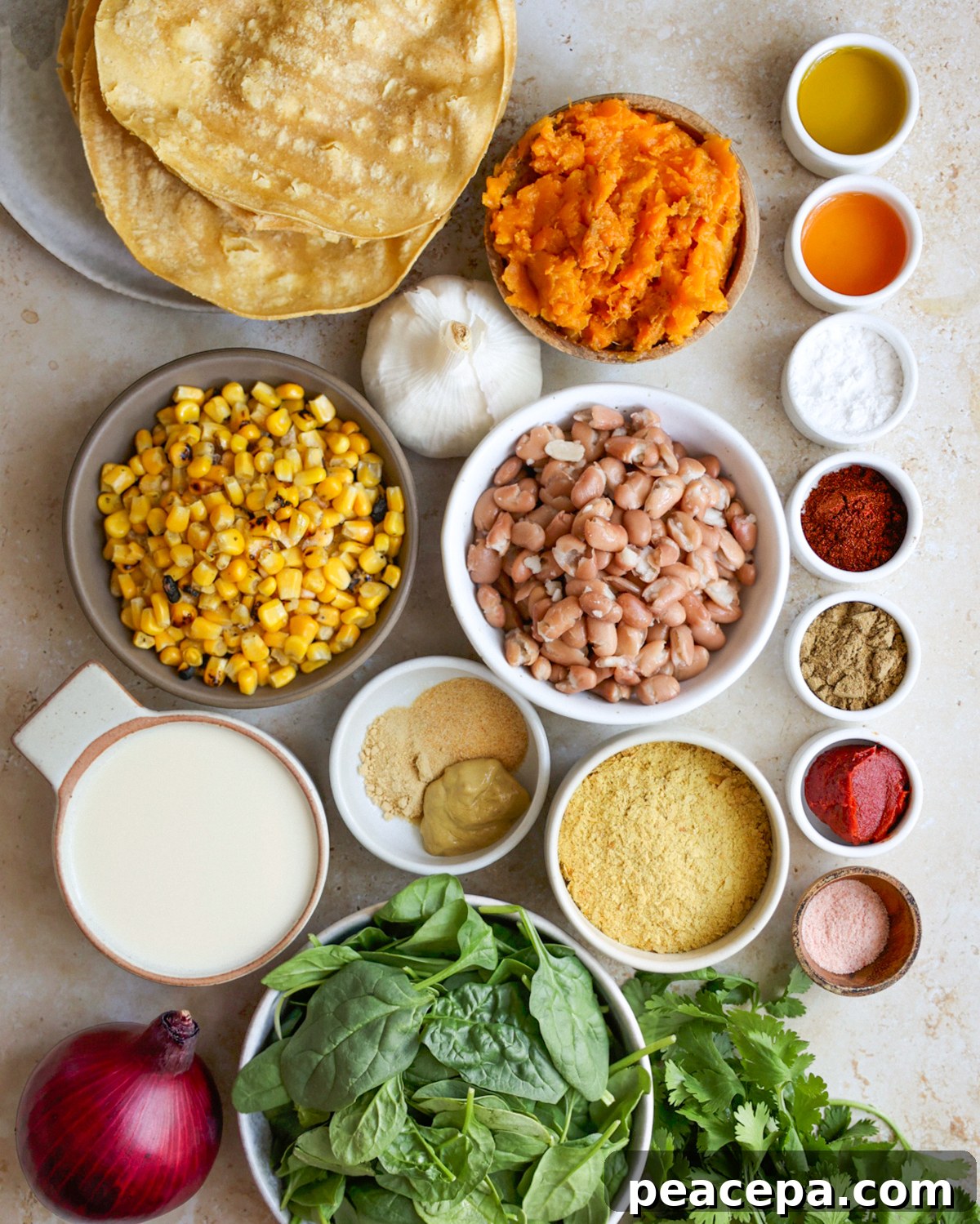 overhead of sweet potato enchiladas ingredients 