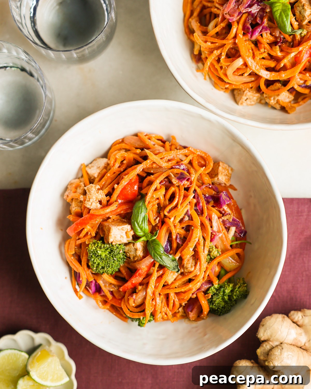 overhead plated sweet potato noodles